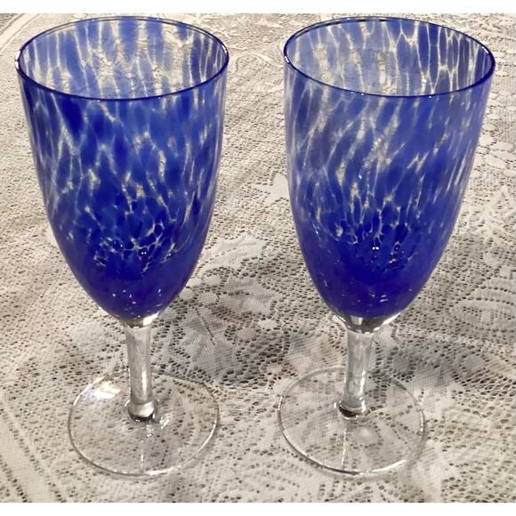Set of 2 Degas Art Glass Wine - Water Glasses by Block Blue Swirled Blown - Picture 6 of 10
